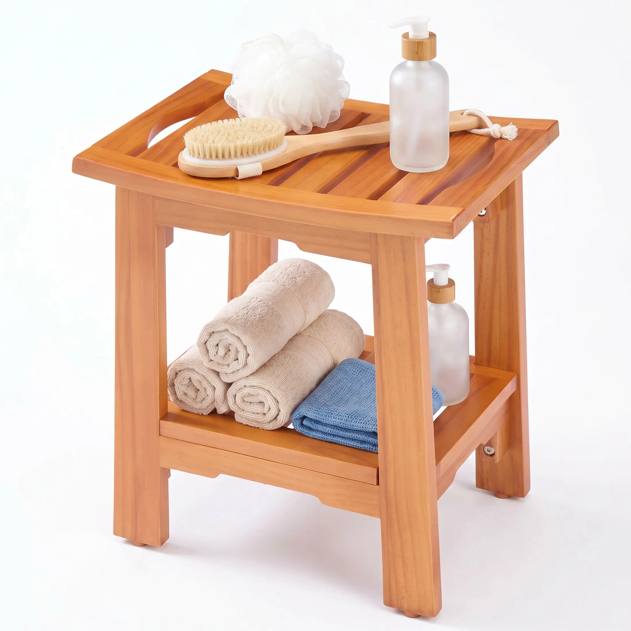 DUMOS Wooden Pine Shower Bench, 18" Waterproof Shower Stool for Inside Shower, 250 LBS Capacity, Non-Slip Bathroom Bench with Shelf & Handles for Bathroom, Indoor or Outdoor Use, Brown