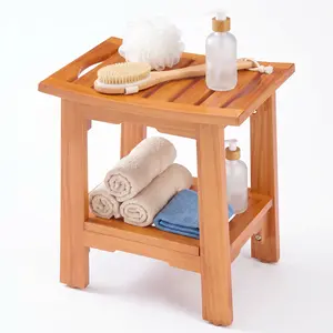 Wooden Pine Shower Bench, 18" Waterproof Shower Stool for Inside Shower, 250 LBS Capacity, Non-Slip Bathroom Bench with Shelf & Handles for Bathroom, Indoor or Outdoor Use, Brown