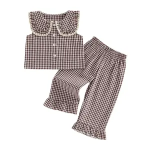 2Pcs Toddler Girls Summer Outfits Sleeveless Doll Collar Plaid Print Vest Tops and Elastic Waist Pants Set