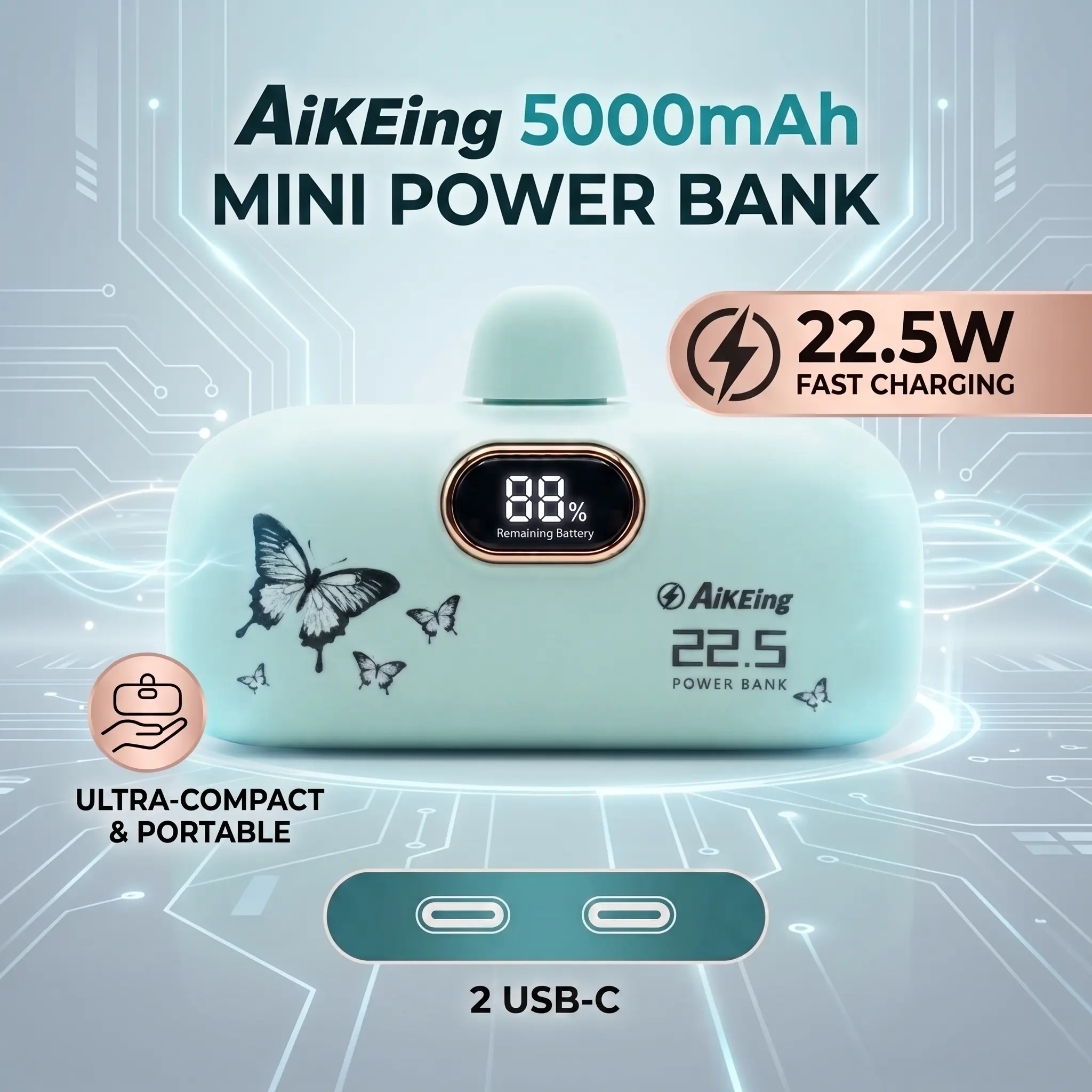 【AikEing】 5000mAh Mini Power Bank, 22.5W Fast Charging Portable Phone Charger with 2 Type‑C Ports, Digital Battery Display, Compact Lightweight, Ideal Accessory for Travel & Back‑to‑School