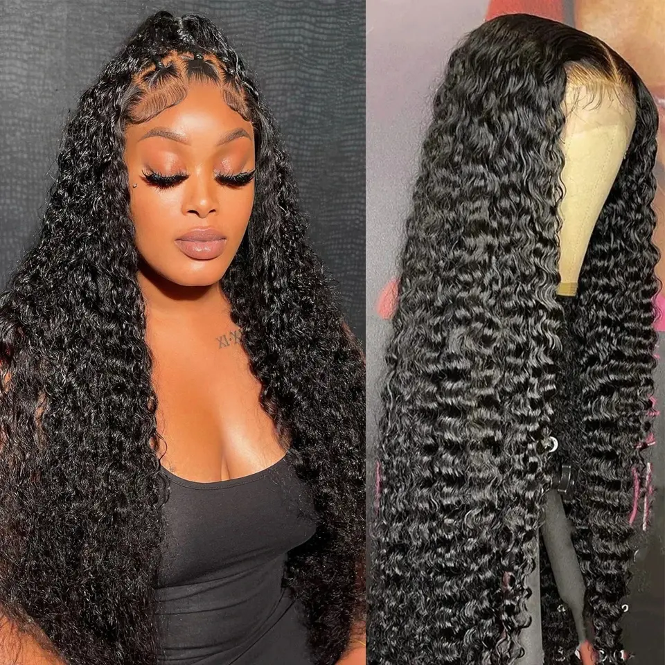180 Density Human Hair Deep Wave 13x6 Lace Front Wigs 30 38 Inch Curly Water Wave HD 13x4 Lace Frontal Wig Brazilian Hair Wigs For Women Black Curly Wigs Pre Plucked