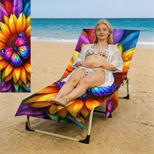 1PC Summer Colorful Butterfly on Sunflower Patterned beach chair cover with pockets, sand and sun protection, foldable microfiber quick-drying and absorbent cover, machine washable soft beach towel, suitable for beach, pool, patio, and outdoor use.