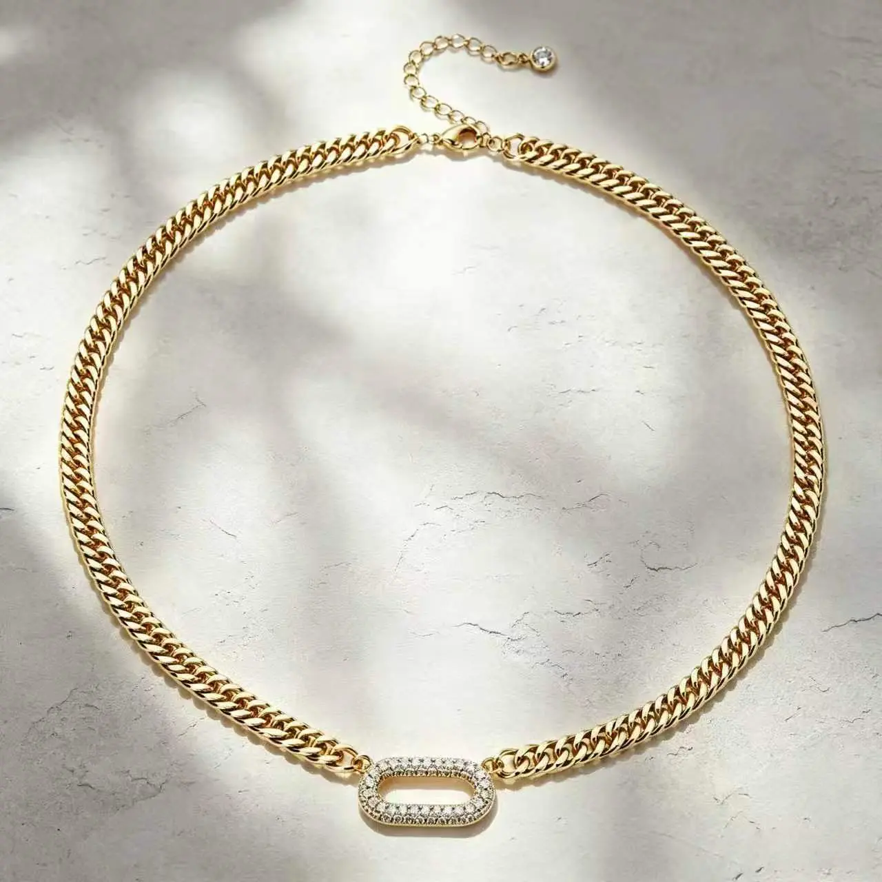 Unisex Metal-Coated Cuban Link Chain Necklace, 16in Zircon Clasp, Zirconia Cross Pendant, Daily Wear Chain Jewelry Necklaces, Valentine's Day Gift