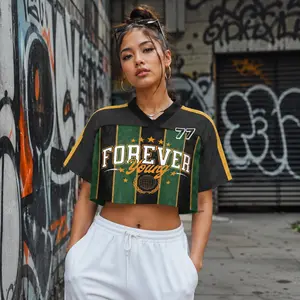 Green Black 77 Personalized Crop Jersey – Women’s V-Neck Mesh Game Day Top, Custom Name Number Streetwear Shirt