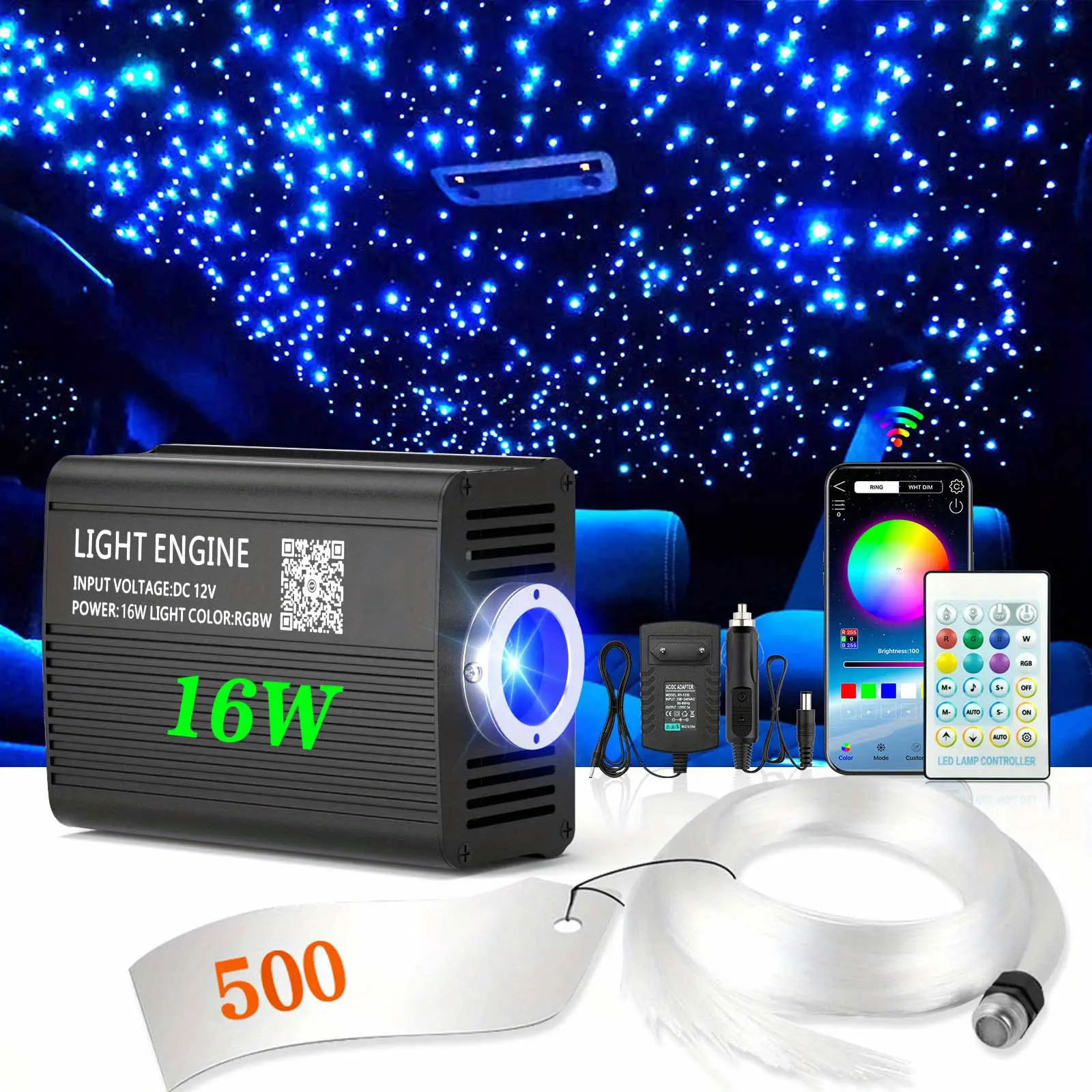 RGBW Star Ceiling Fiber Optic Lights Kit, 500x0.03in 6.5ft/9.8ft Fibers, 16W Bluetooth APP Control, Adjustable Flash & Meteor Effects, Star Projector Headliner with Strobe Car Lights for Home Theater, Car Interior Ambient Lighting, Car Interior L