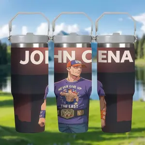 1pc WWE John Cena championship belt-themed stainless steel insulated water bottle with handle and straw, Tumbler - suitable for travel, home use, outdoor camping, wrestling fans