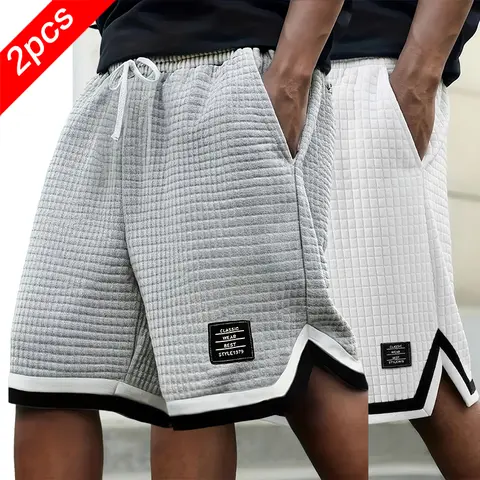 Men's 2-Pack Premium Waffle Knitted Shorts Set - Drawstring Waist, Contrasting Trim, Patch Label, Light Gray + Black, Street-Athletic Casual Loose Sport Shorts