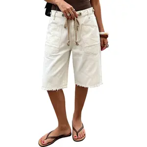 Flamingals Raw Hem Patch Pocket Eyelet Drawstring Mid Rise Bermuda Shorts Womenswear Stretchy 11" Inseam