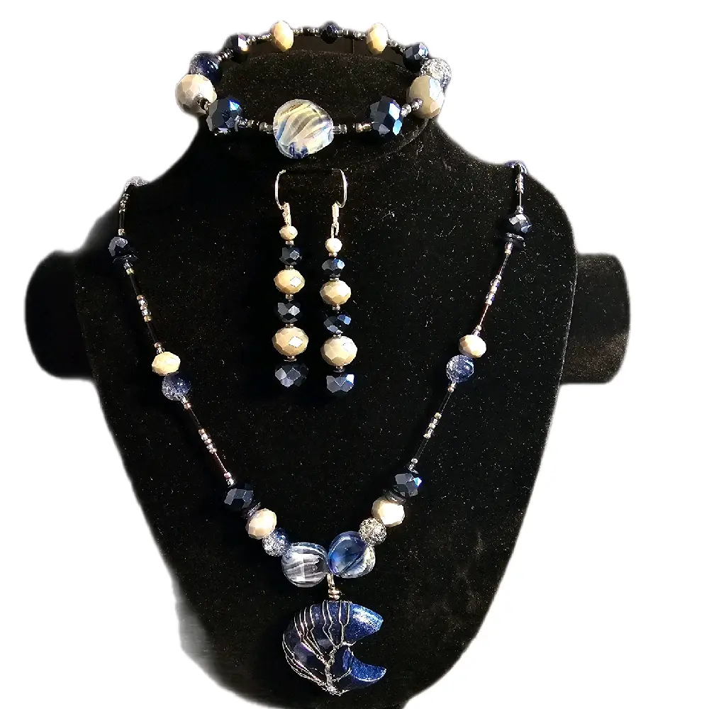 Gabriela Haller HigherKii Artique Midnight Blue Moon Jewelry Set with Dark Blue Crescent Pendant and Beaded Necklace Set