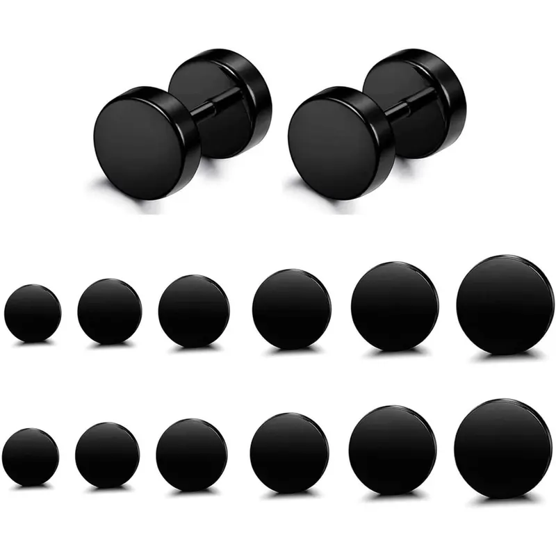 6 Pairs Stainless Steel Black Stud Earrings for Men Women Faux Gauges Ear Tunnel Fake Gauge Earrings, 3-8mm Ear Studs Earrings Set Ear Accessories Stud Earring Pack