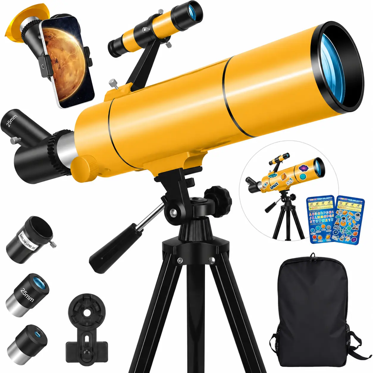 80mm Refractor Telescope for Beginners, 500mm Astronomy Telescope with Coated Optics Lens, Phone Adapter, Space Stickers, 20x-150x Magnification for Moon, Landscapes and Families