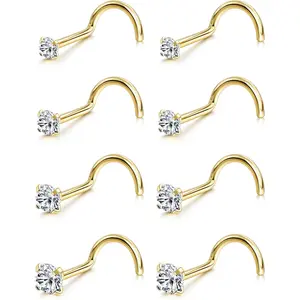 8PCS Nose Rings Studs Titanium Nose Rings 20G/18G Corkscrew Nose Ring L Shape Nose Studs Diamond CZ Silver Gold Nose Screw Rings Studs Hypoallergenic Nose Piercing Jewelry 1.5mm 2mm 2.5mm 3mm