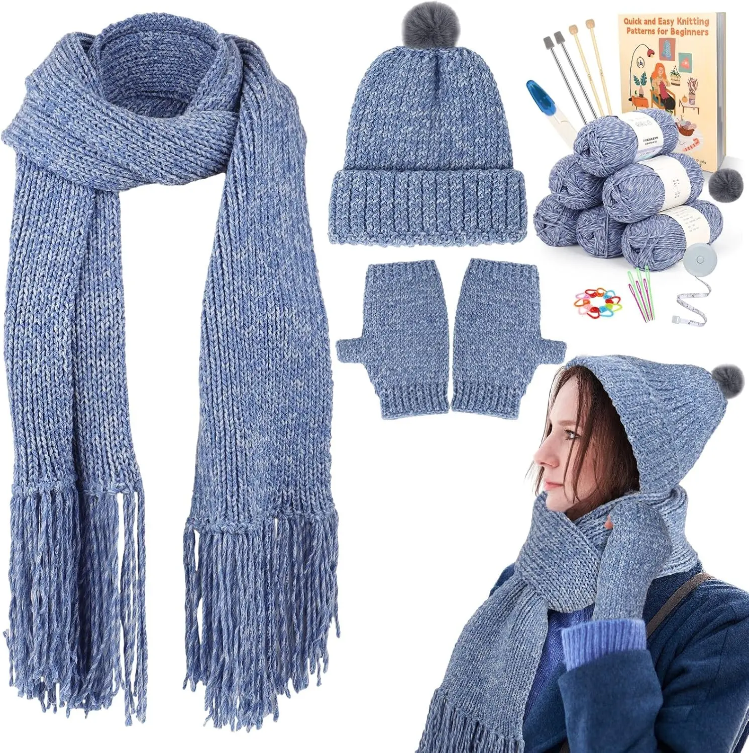 Coopay Knitting Kit for Beginners, Hat Scarf Glove Knitting Kit w/Guide | Learn to Knit Hat Scarf Glove, Knitting Starter Kit for Adults w/ 6pcs Yarn, w/Step-by-Step Tutorial, 4PCS Knitting Needles Gift