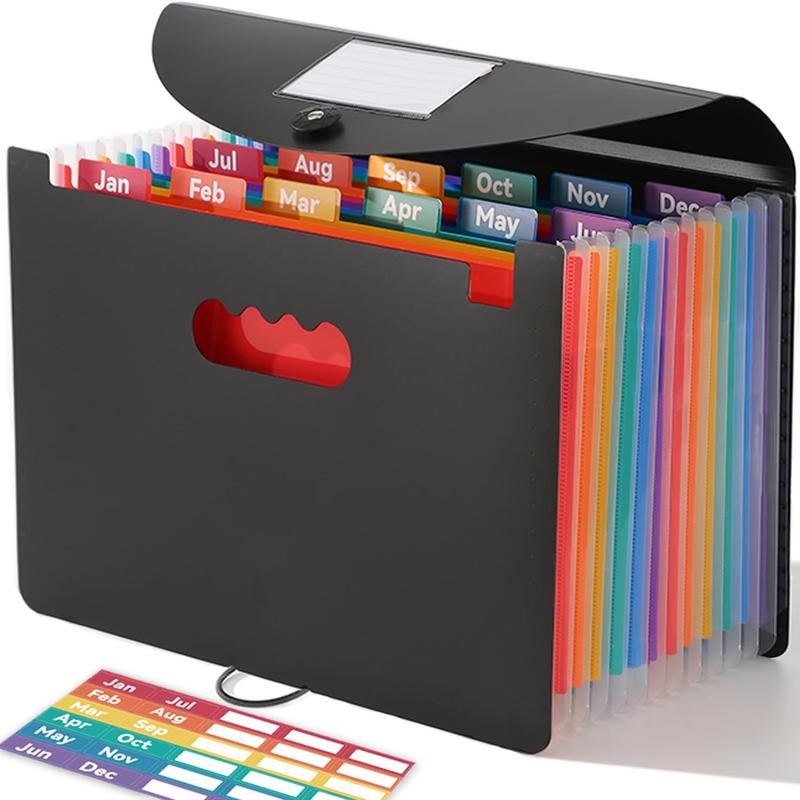 Accordion File Organizer 12 Pockets, Monthly Bill Receipt Tax Organizer, Expanding File Folders with Larger Bright Tabs, Fits Letter/A4 Size  Black