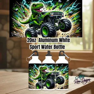 20oz Aluminum White Sports Water Bottle – Monster Truck T-Rex Explosion Design by MRS Rare Designs (Includes 2 Lids & Carabiner Clip)