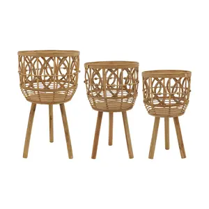 Sagebrook Home Natural Bamboo Handwoven Planters on Wood Tripod (Set of 3)