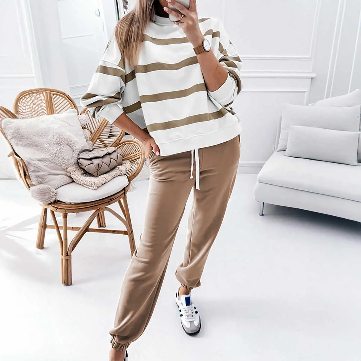 Light French Beige Drop Shoulder Pullover and Jogger Pants Set