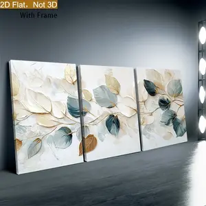 Artistic 3-Piece Modern Wood Framed Wall Art Set, Triple Panels with 2D Flat Effect, Exquisite Blue Beige Gold White Leaf Prints, Waterproof Glossy Photo Art Coat, High-Quality Home Decor for Living Room, Kitchen