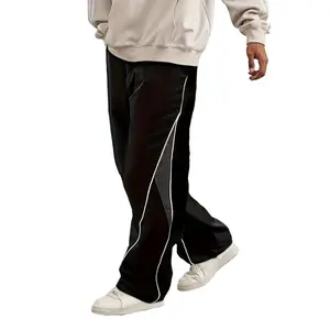 Men's Black Satin Wide Leg Pants, Side Slit with White Piping, Elastic Waist, Streetwear & Y2K Style for Casual & Daily Wear