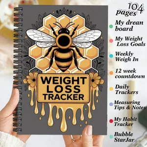 1 A spiral notebook and fitness diary for weight loss, suitable for beginners | Daily exercise plan, goal tracker and progress organizer, with bee and honeycomb design, suitable for family use, outdoor walking, body shaping, diet monitoring, and goal sett