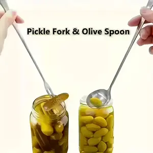 2pcs Set Reusable Stainless Steel Pickle Fork & Olive Spoon | Durable Long Handle Cutlery Tableware for Sliced Pickles and Olives, Ideal for Home Kitchen, Outdoor Picnics, Christmas Party