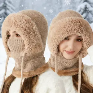 3 in 1 Plush Winter Hat for Women Men 3 in 1 Warm Face Neck Ear Warmer Soft Knit Beanie with Drawstring Solid Color Cold Weather Ski Snow Outdoor Daily Headwear Thermal Cap