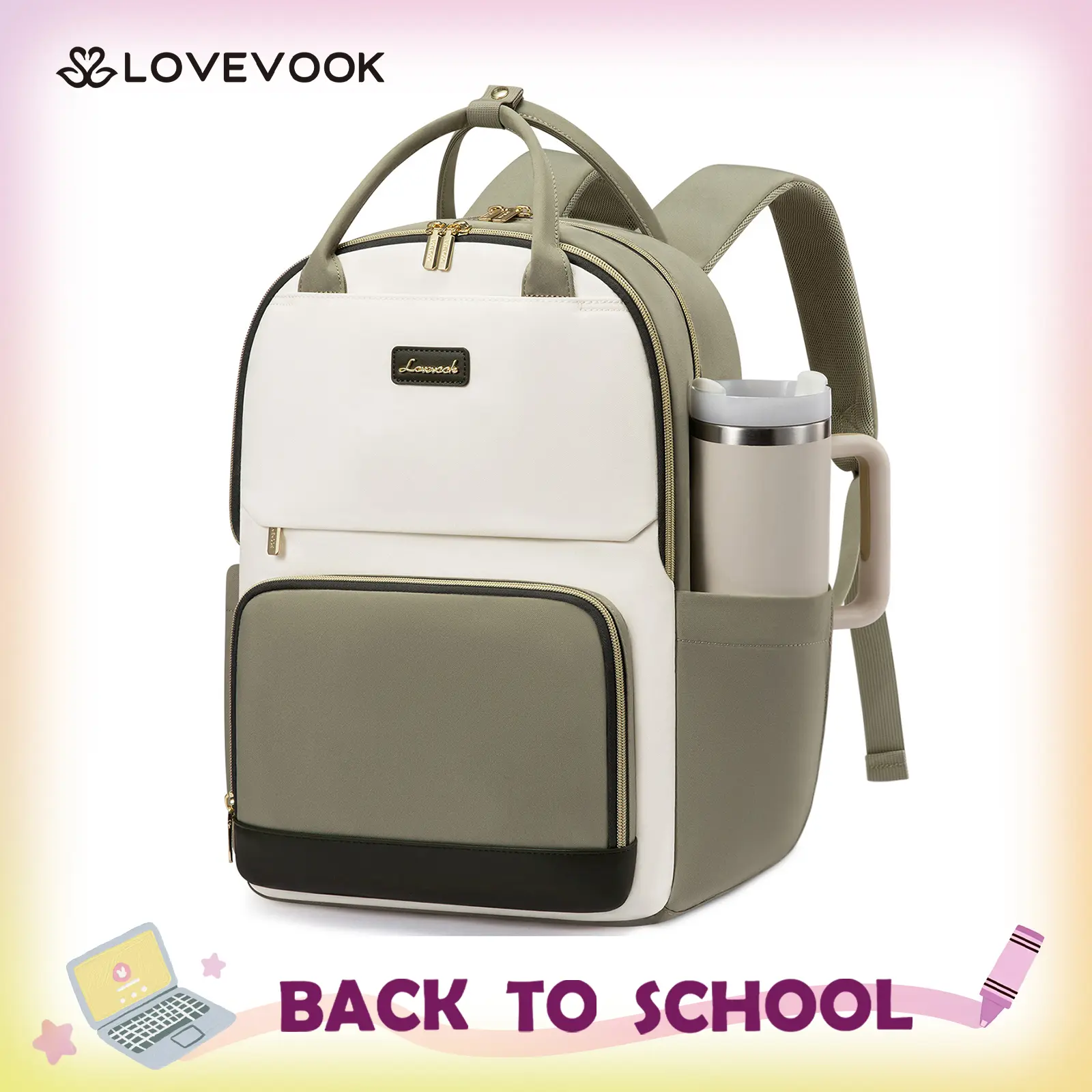 LOVEVOOK Laptop Backpack for Women with Giant Tumbler Holder Pocket, 15.6 inch Travel Work Backpack Purse for Teacher Nurse, Waterproof College Book Bag Cute Casual Daypack