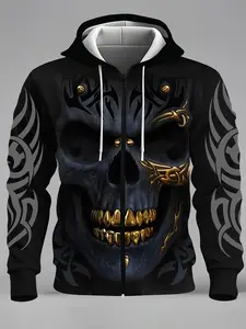 Men's fashionable casual novel 3D skull pattern printed zipper pocket hoodie
