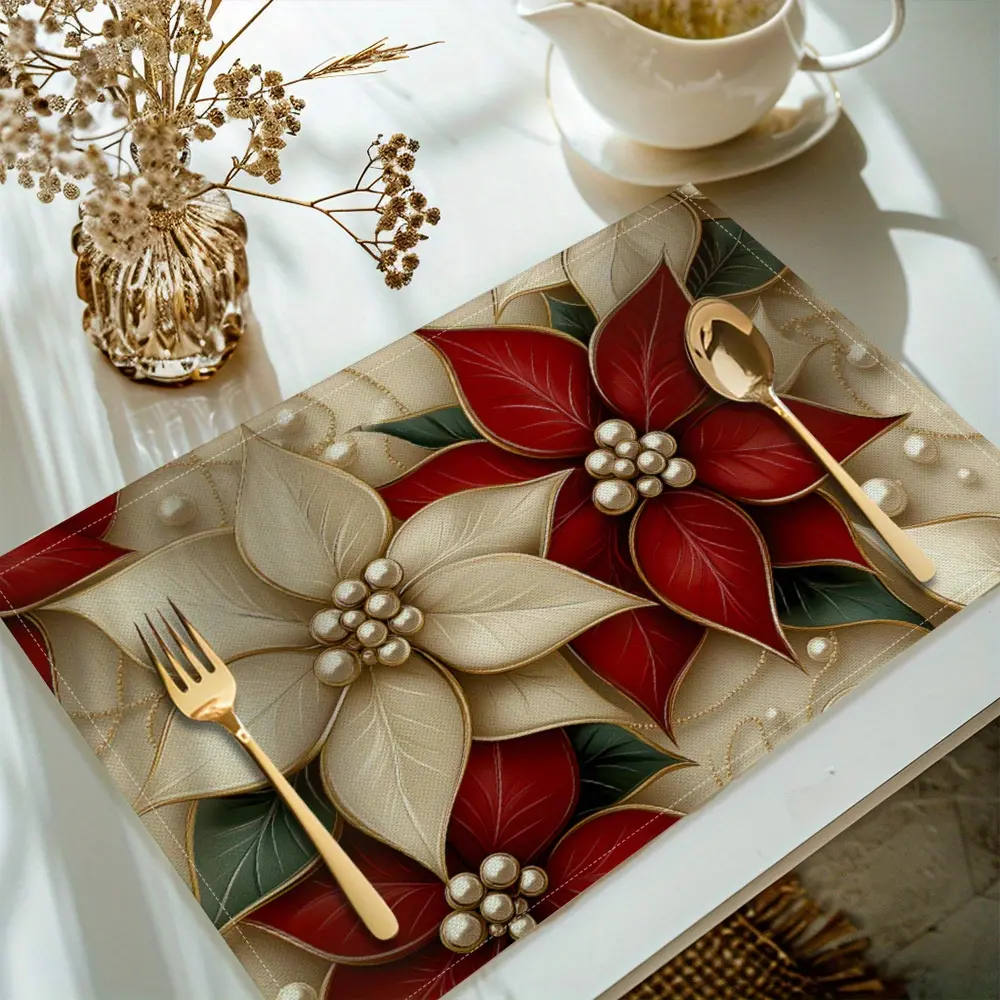 4pcs/ 8pcs Poinsettia Print Placemats, Polyester Linen Table Mats, Rectangular Washable Kitchen Dining Decor, Machine Washable - Xmas Holiday Decorations for Daily/Valentine's Day/Mother's Day/Independence Day/Halloween/Thanksgiving Day/Christmas