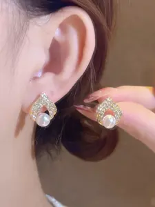 French Sparkling Heart Pearl Stud Earrings, Elegant Alloy Jewelry for Women, Perfect Gift for Special Occasions & Daily Wear