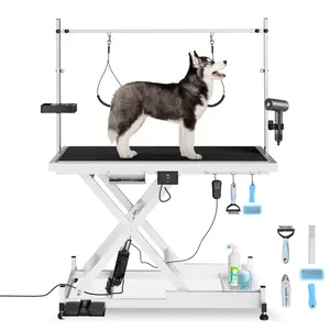 Professional Electric Pet Grooming Table (8"-36" Lift Range), Heavy Duty X-Frame Dog Grooming Station with Overhead Arm & Tool Organizer, 110V Motor for Salon Use