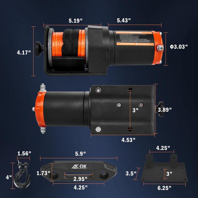 AC-DK 12V 2000-lb. ATV/UTV Electric Winch, Off-Road Synthetic Rope Winch for Trailer Boat RV Towing Winches, ATV/UTV Winch with Big Yellow Wired Remote and Winch Mounting Plate