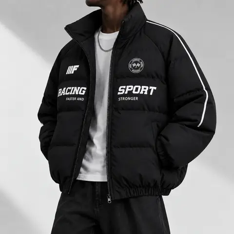 Men’s Zip-Up Autumn-Winter Stand-Collar Casual Cotton Jacket - Racing-Style Printed Striped Patchwork, Thickened Loose-Fit Warm Top, Motorcycle-Inspired for Outdoor Walks, Daily Commuting, Jackets Zip Up