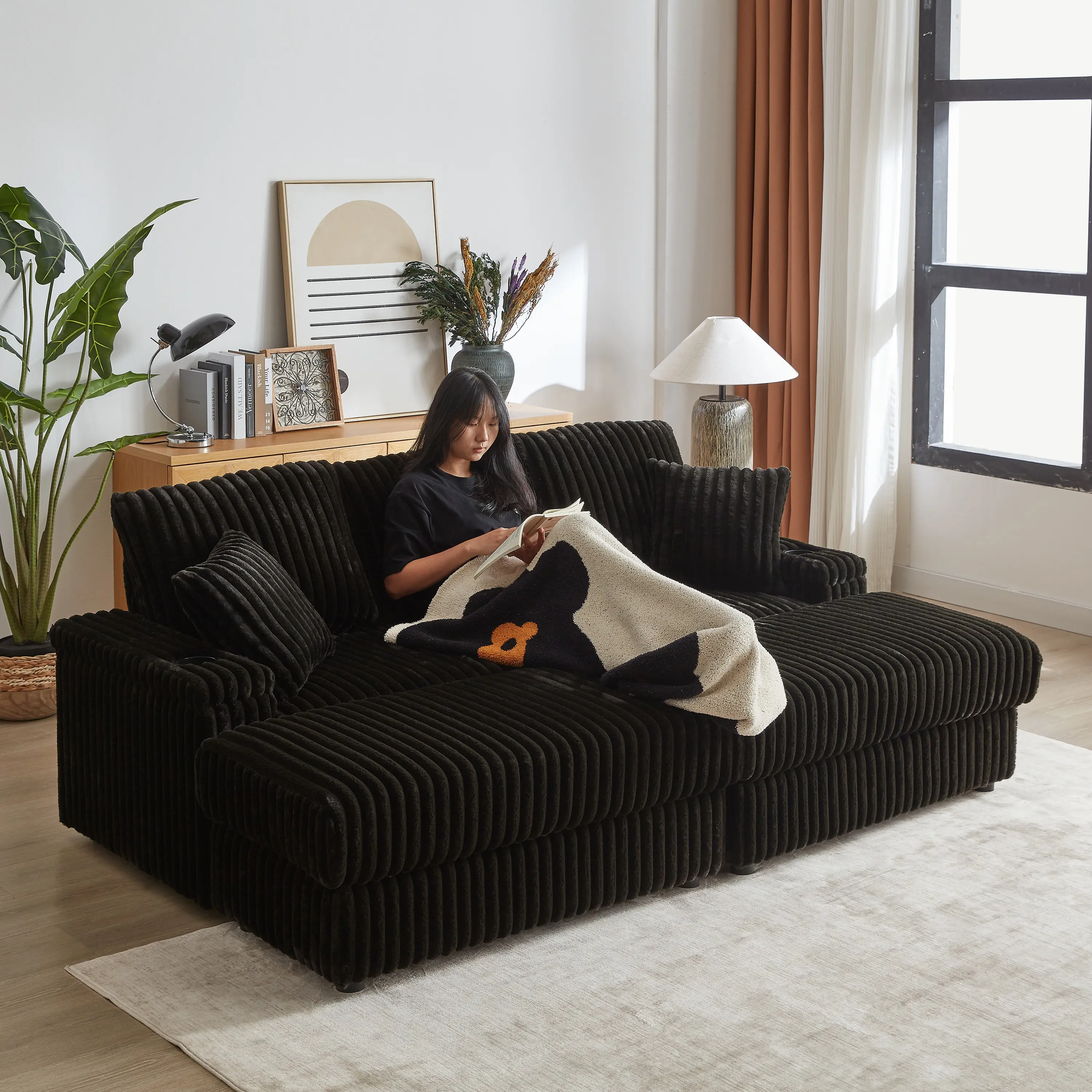 Niccae 84in Corduroy 3-Seater Comfy Couch - Corduroy Upholstered Sectional, 3 Back Pillows, 2 Toss Pillows, Storage, Cup-Holding Grooves, Deep Seat for Living Room Nap, Modern Furniture, Modern Home Decor (Sub 2 Packages)