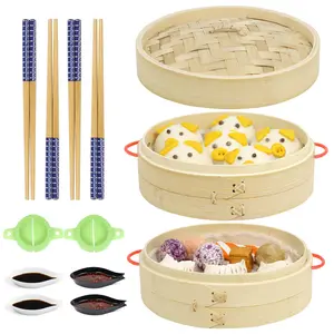 8-Inch Bamboo Steamer - 2 Tier Cooking Basket with Handles, for Dumpling Dim Sum Bao Bun Rice Vegetables Meat & Fish Chinese Food, Includes 2 Cotton Liners, 2 Dumpling Molds, 4 Pairs Chopsticks & 4 Sauce Dishes