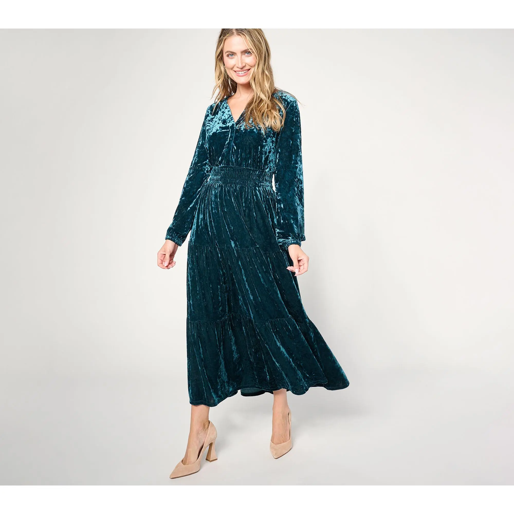 Belle Boho by Kim Gravel Petite Crushed Velvet Tiered Maxi Dress