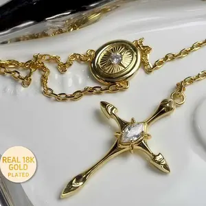 18K Gold Plated Cross & Oval Pendant Necklace – Exclusive Design, Everyday Jewelry Gift for Her BlackFriday Homfalate Collection Lanyi Jewelry