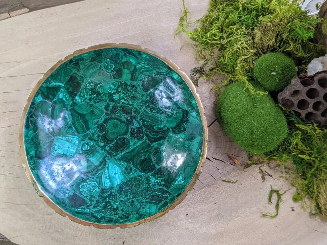 EXTRA LARGE Botryoidal Malachite Bowl Jewelry Ring Plate Altar Dish Polished Brass Rim Natural Stone Display Mineral Specimen Crystal