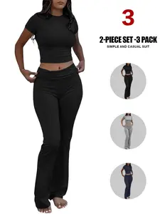Women's 2 Piece Lounge Outfits Athleisure Street Fit Slim Short Sleeve Tops Low Rise Flare Leggings Sets Yoga Sweatsuit Sports Clothing Set