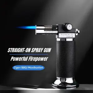 Double Flame Torch Lighter, Straight Jet Welding Gun, Metal Outdoor Windproof Lighter, High Fire Power Spray Torch, Refillable Butane Gas, Adjustable Flame Size, Suitable for Kitchen Fireworks Barbecue Welding Baking (butane Not Included), Without Battery