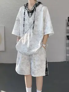 Men's Tie-Dye Plaid Patchwork Hoodie and Shorts Set