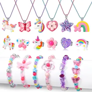 18 Piece Girls Jewelry Set, Colorful Beaded Unicorn & Butterfly Friendship Bracelets, Necklaces & Rings, Adjustable Dress Up Jewelry for Pretend Play & Party Favors, Christmas
