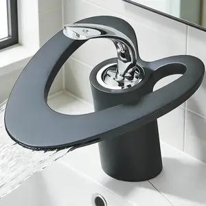 Modern Waterfall Basin Faucet, Unique Art Design Single Handle Bathroom Sink Tap, Deck Mounted Hot and Cold Mixer, Wide Spout Waterfall Flow, Splash-Free, Ideal for Home Bathrooms, Hotels, Renovation Projects, Black Polished Chrome Brushed Gold