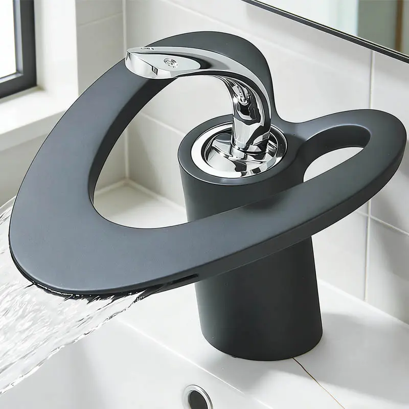 Modern Waterfall Basin Faucet, Unique Art Design Single Handle Bathroom Sink Tap, Deck Mounted Hot and Cold Mixer, Wide Spout Waterfall Flow, Splash-Free, Ideal for Home Bathrooms, Hotels, Renovation Projects, Black Polished Chrome Brushed Gold