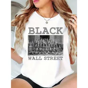 Women’s White T-Shirt with Black Wall Street Vintage Group Photo Print – Casual History & Finance Enthusiast Streetwear for Black History Month & Daily Outings 100% Cotton T-shirt