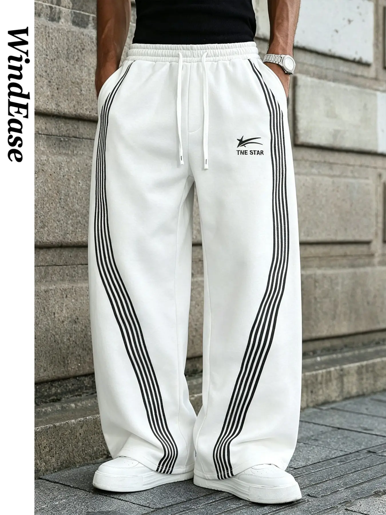 Men's Star Logo Side Stripe Loose Fit Joggers, Drawstring Waist Casual Pants, Wide Sweatpants, Retro 90s Street Style, Y2K Fashion, Gym & Daily Wear, Athleisure Style Bottoms