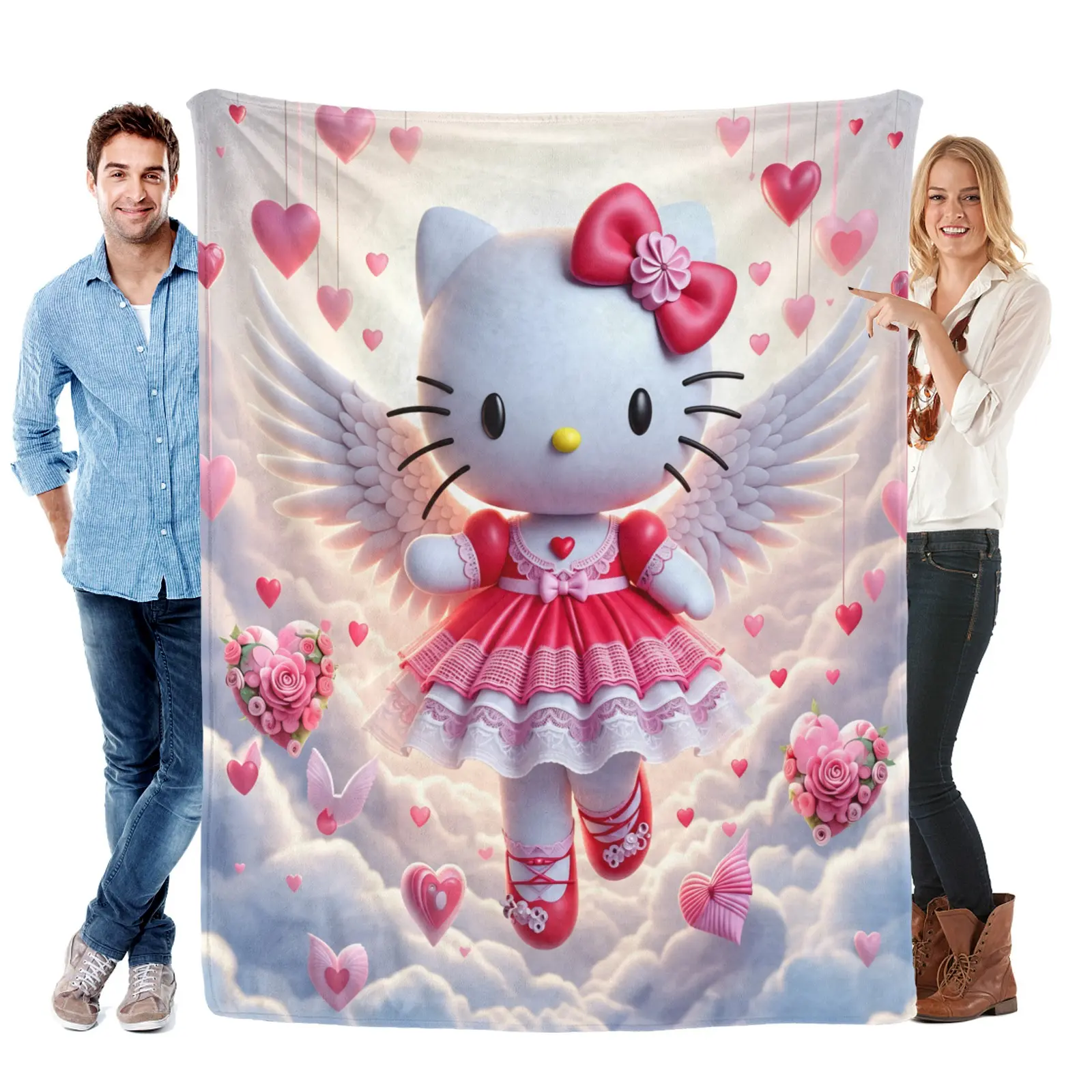 Sanrio HelloKitty Flannel Blanket, Kawaii Soft Comfortable Blanket for Sofa, Office, Bed and Outdoors