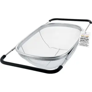Stainless Steel Colander Strainer - 6-Quart Collapsible Colander with Expandable Rubber Handles - Rectangular Sieve, Fine Mesh Stainless Steel Strainers and Colanders for