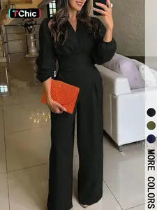 Women's Solid Color Aesthetic Puff Sleeve Wide-Leg Pleated Jumpsuit , Structured Material Fabric & Cutout Waist Detail & High-Waisted Silhouette & Fitted & Loose Legs & Multi-Color Options 1pc