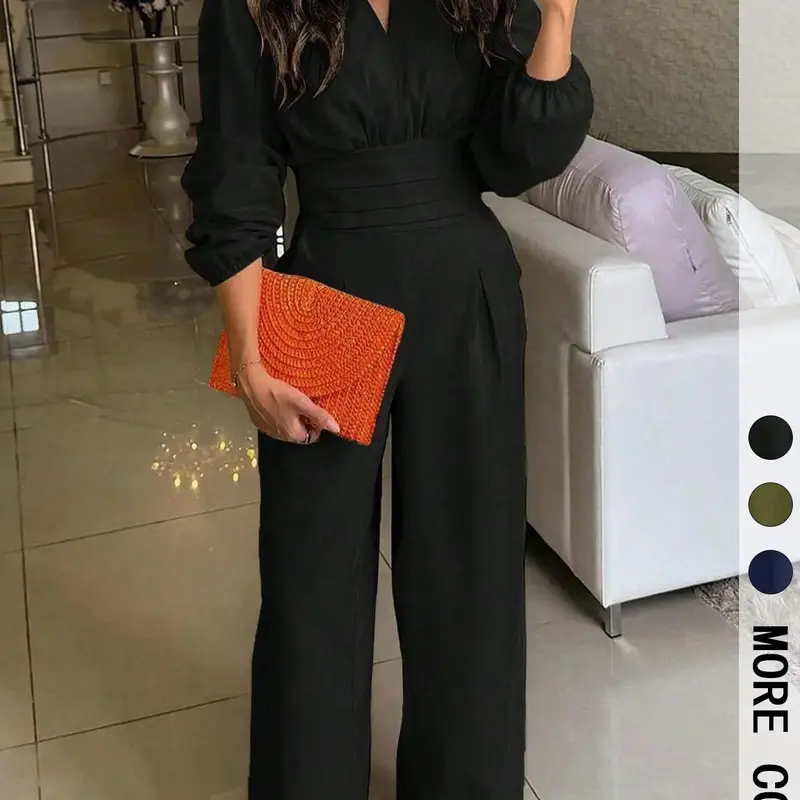 Women's Solid Color Puff Sleeve Wide-Leg Chic Casual Jumpsuit Long Sleeve , Fit & Structured Material & Cutout Waist Detail & High-Waisted Silhouette & Loose Legs & Multi-Color Options 1pc (Upgraded fabric)